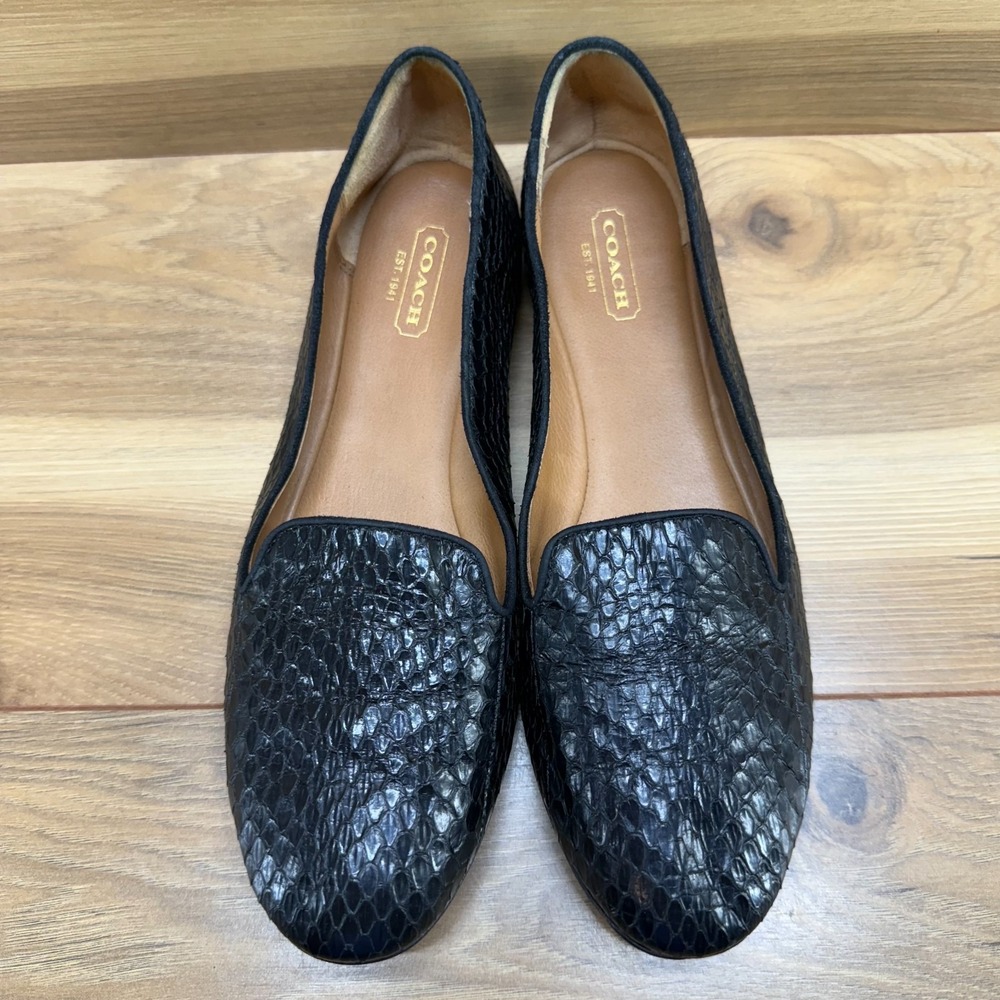 Coach Catrin Snake Embossed Leather Flats 7.5 Black Ballet Slip On - Picture 2 of 11